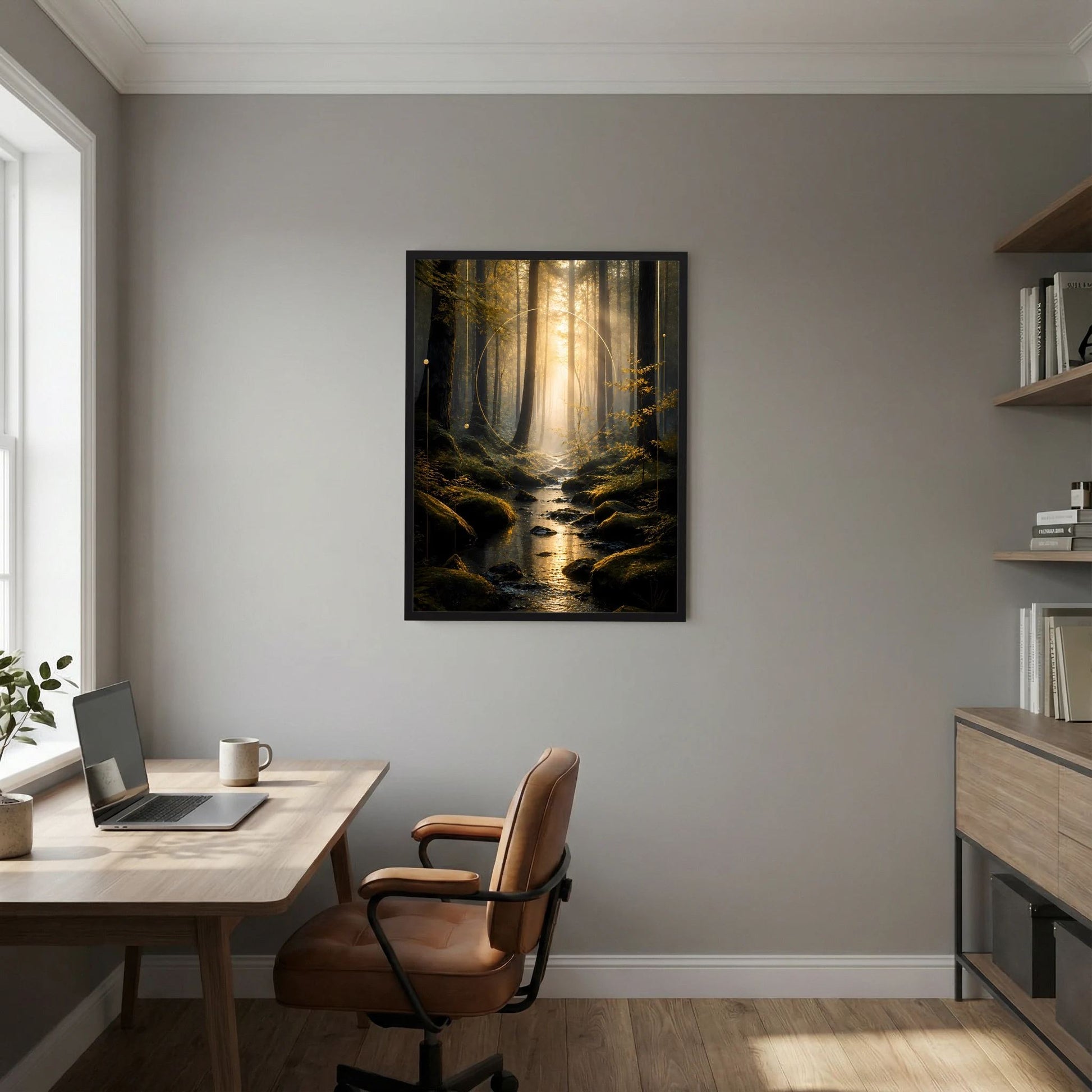Hochformat-Poster: Waldszene mit Bach und goldenem Licht, schwarzer Rahmen