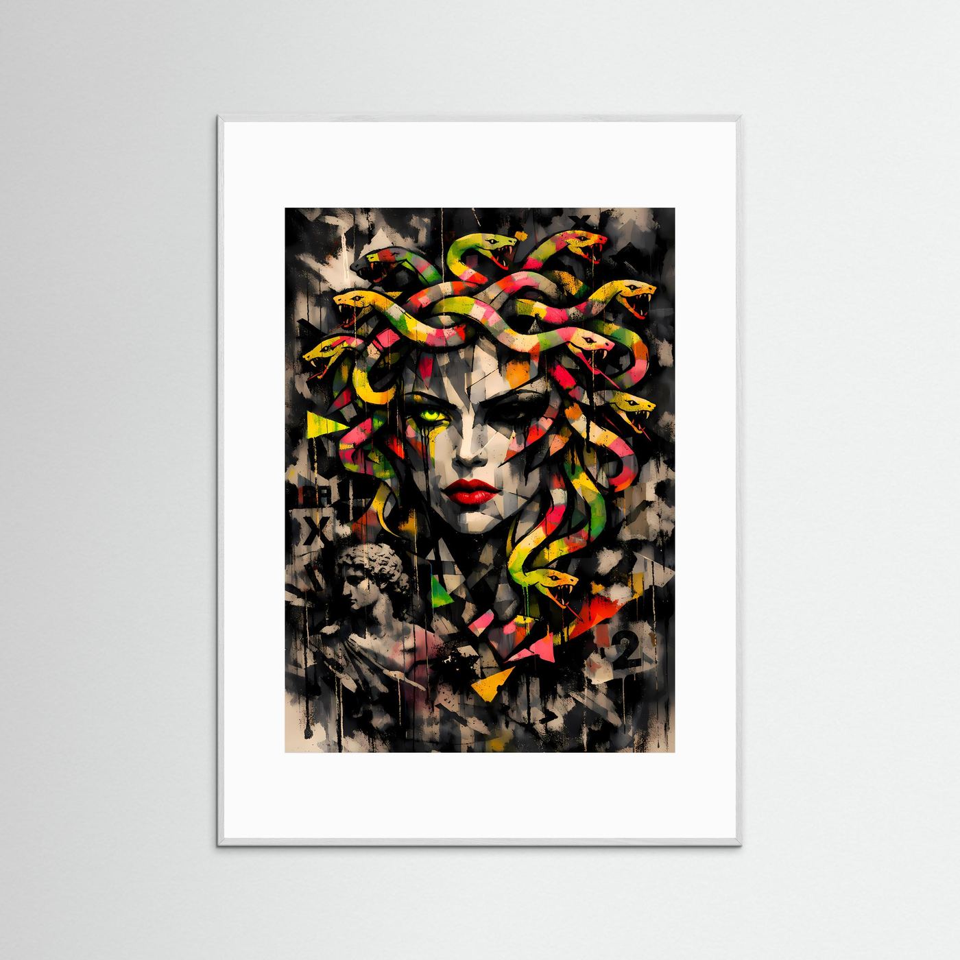 Mythos der Moderne | Urban Art Medusa Poster in Neon-Bunt & Schwarz | Abstraktes Street Art Kunstposter Hochformat
