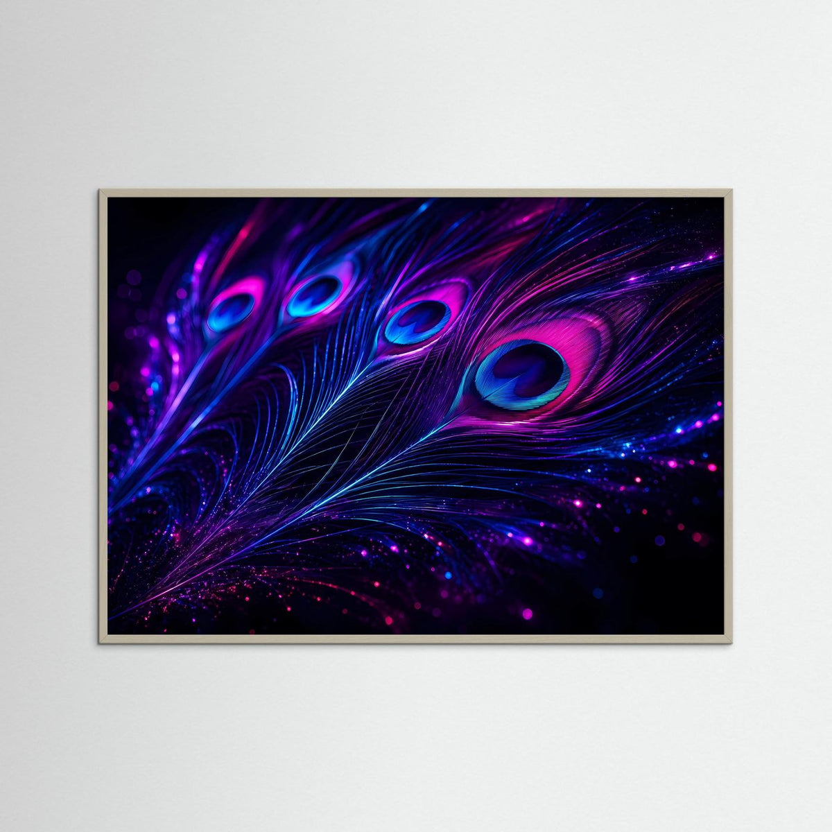Gerahmte Leuchtfeder-Wandkunst: magenta und blau leuchtende Linien mit Federaugen