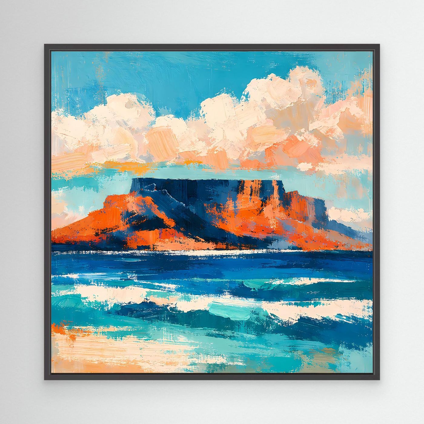 Abstraktes Leinwand-Wandbild mit türkisblauem Himmel, orangefarbenen Felsen und Meer; Schwarzrahmen