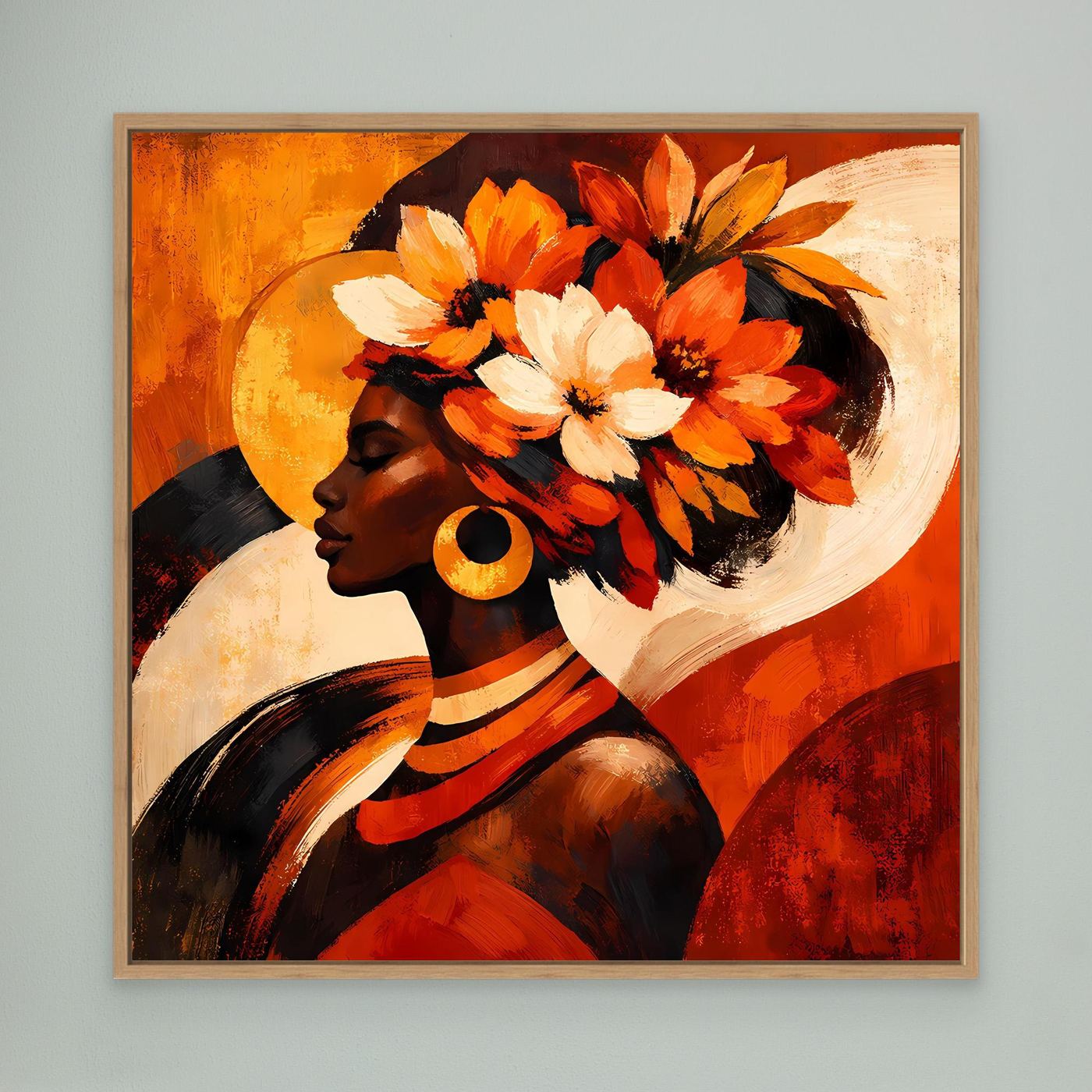 Leinwandbild mit Porträt einer Frau im Profil, orange-weißer Blumenkranz, mit hellem Holzrahmen