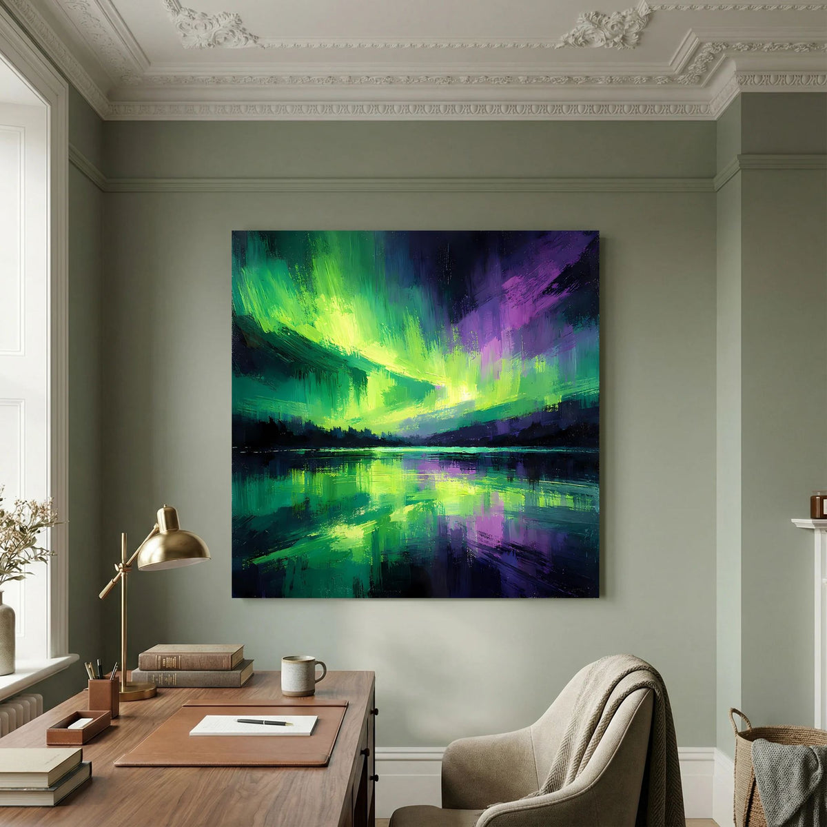 Quadratisches Leinwandbild mit abstraktem Polarlicht in Grün, Lila und spiegelnder See