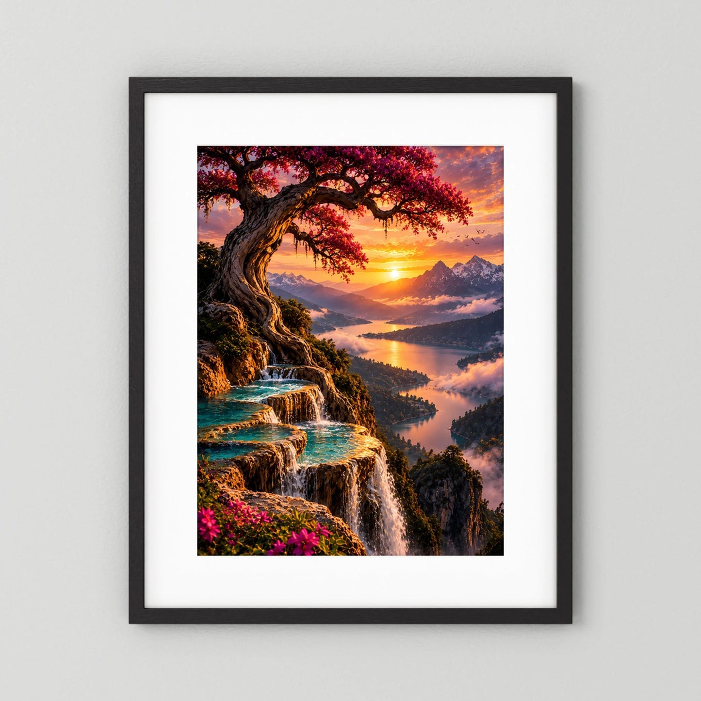 Magischer Baum über Bergsee | Wasserfälle im Sonnenuntergang | Poster Hochformat