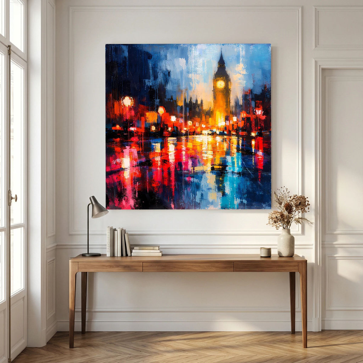 Leinwand Abstraktes Big Ben London Gemälde | Modernes Urbanes Wandbild bei Nacht