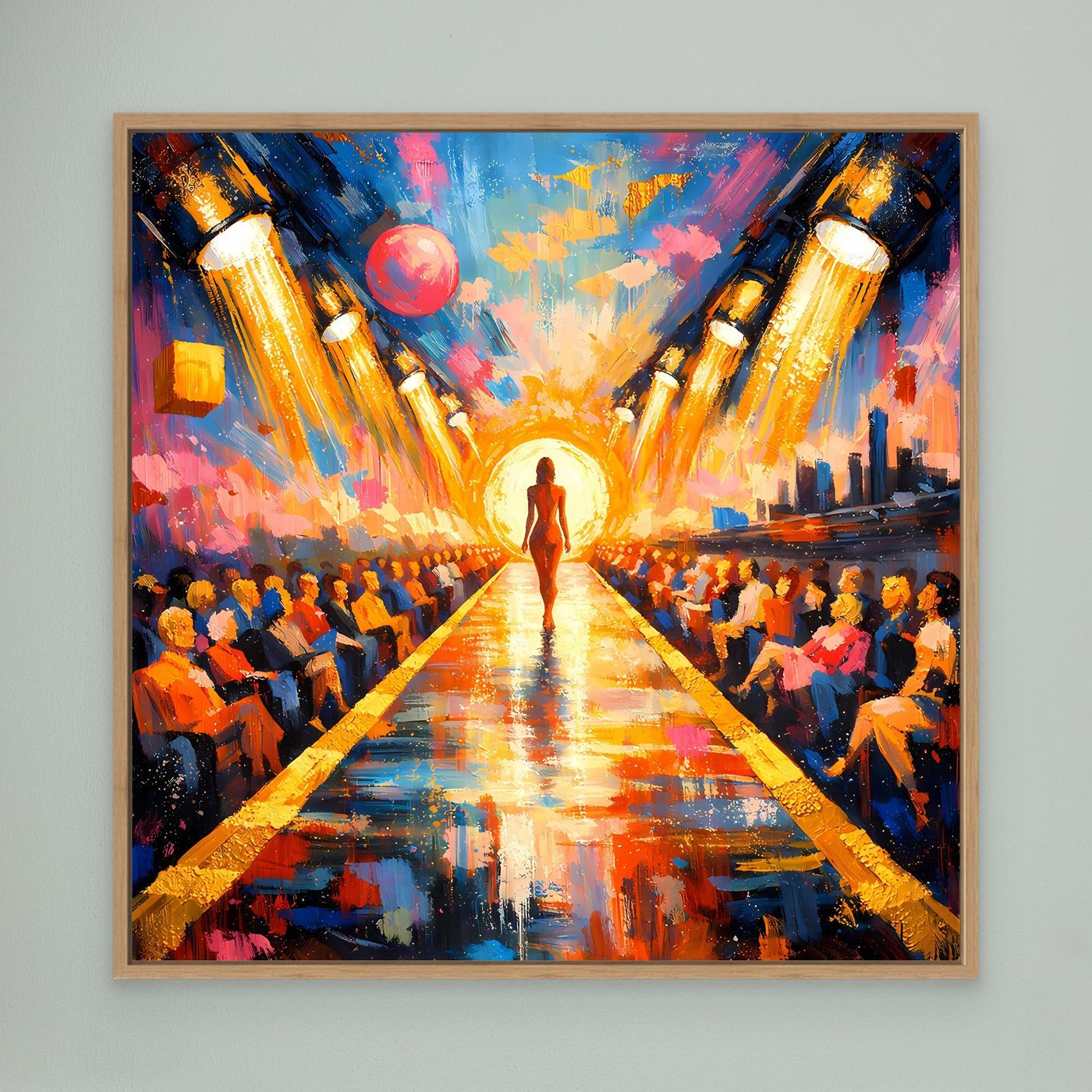 Leinwandbild mit abstraktem Pop-Art Laufsteg, zentrale Silhouette, bunte Farben, Eichenrahmen