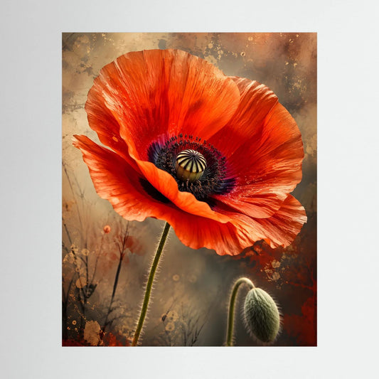 Poster (Hochformat) mit roter Mohnblüte in kunstvoller Nahaufnahme, ohne Rahmen