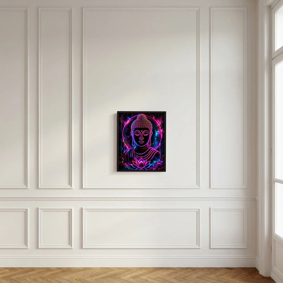 Neon-Buddha im Lotus als kleines Rahmenbild an weißer Wandverkleidung.