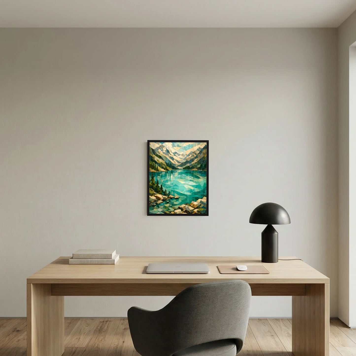 Gerahmtes Kunstposter: türkisfarbenes Wasser, grüne Berge und spiegelnde Fläche