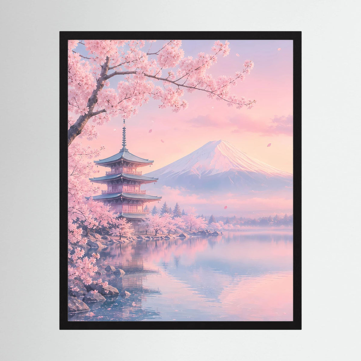 Gerahmtes Poster im Hochformat: Kirschblüten, Fuji und Pagode in Pastellrosa