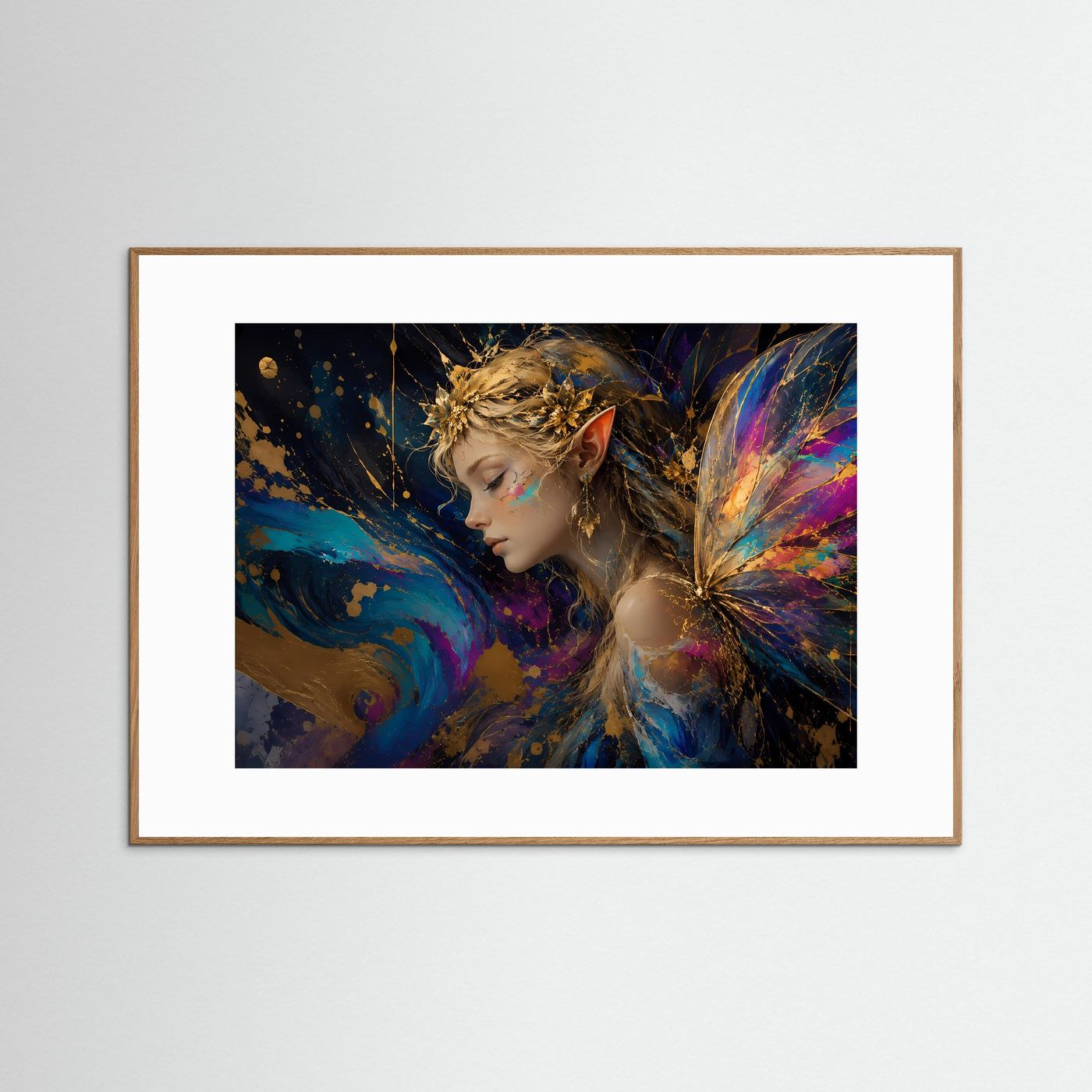 Fantasy-Poster mit Elfe und Flügeln, goldblaues Motiv, im hellbraunen Rahmen