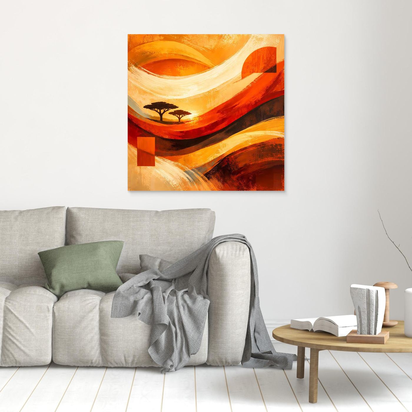 Leinwandbild ohne Rahmen: abstrakte Savanne im Sonnenuntergang, orange/rot mit Baum-Silhouette