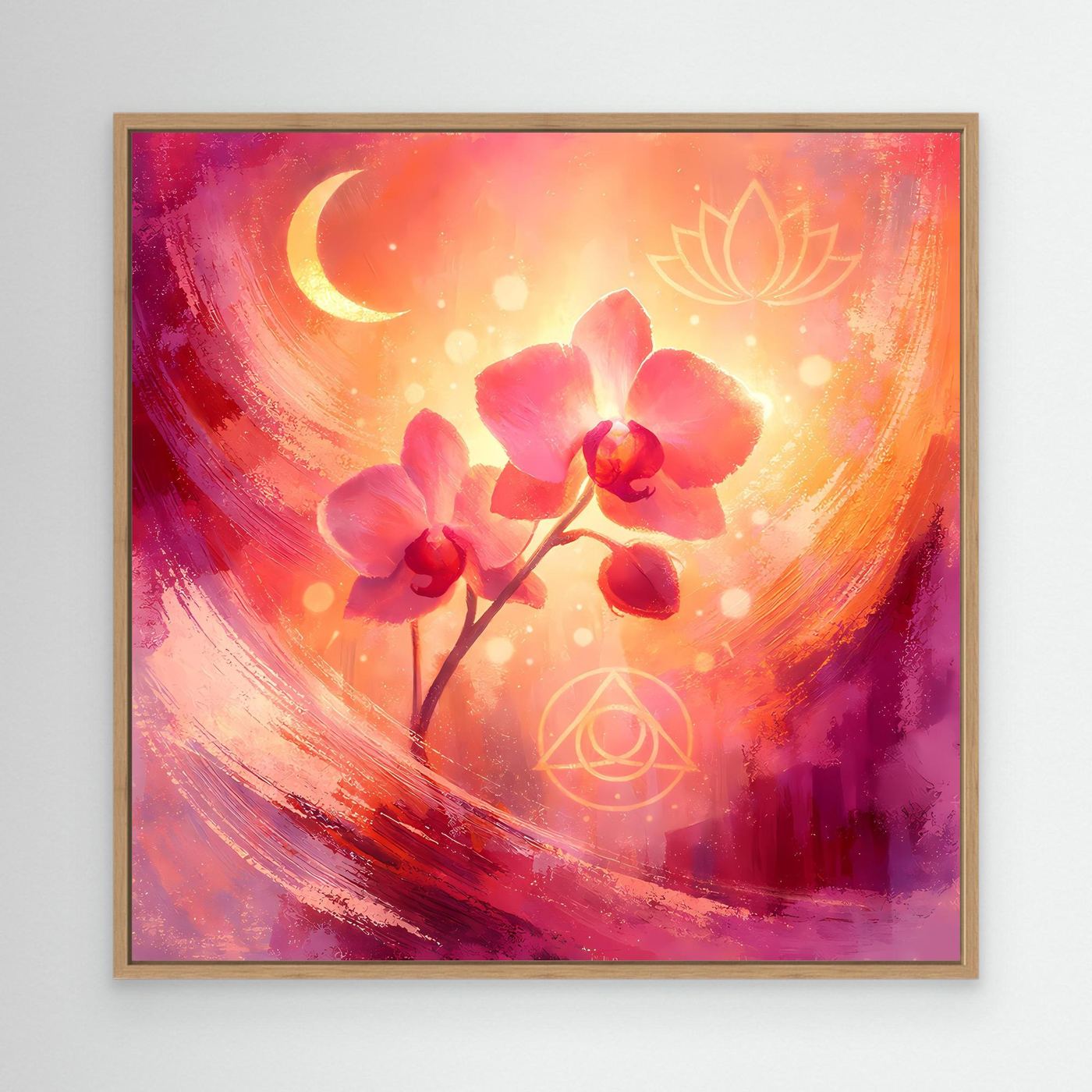 Abstraktes Leinwand-Wandbild mit Orchideenblüten, Mond und Lotus-Symbolen, Eichenrahmen