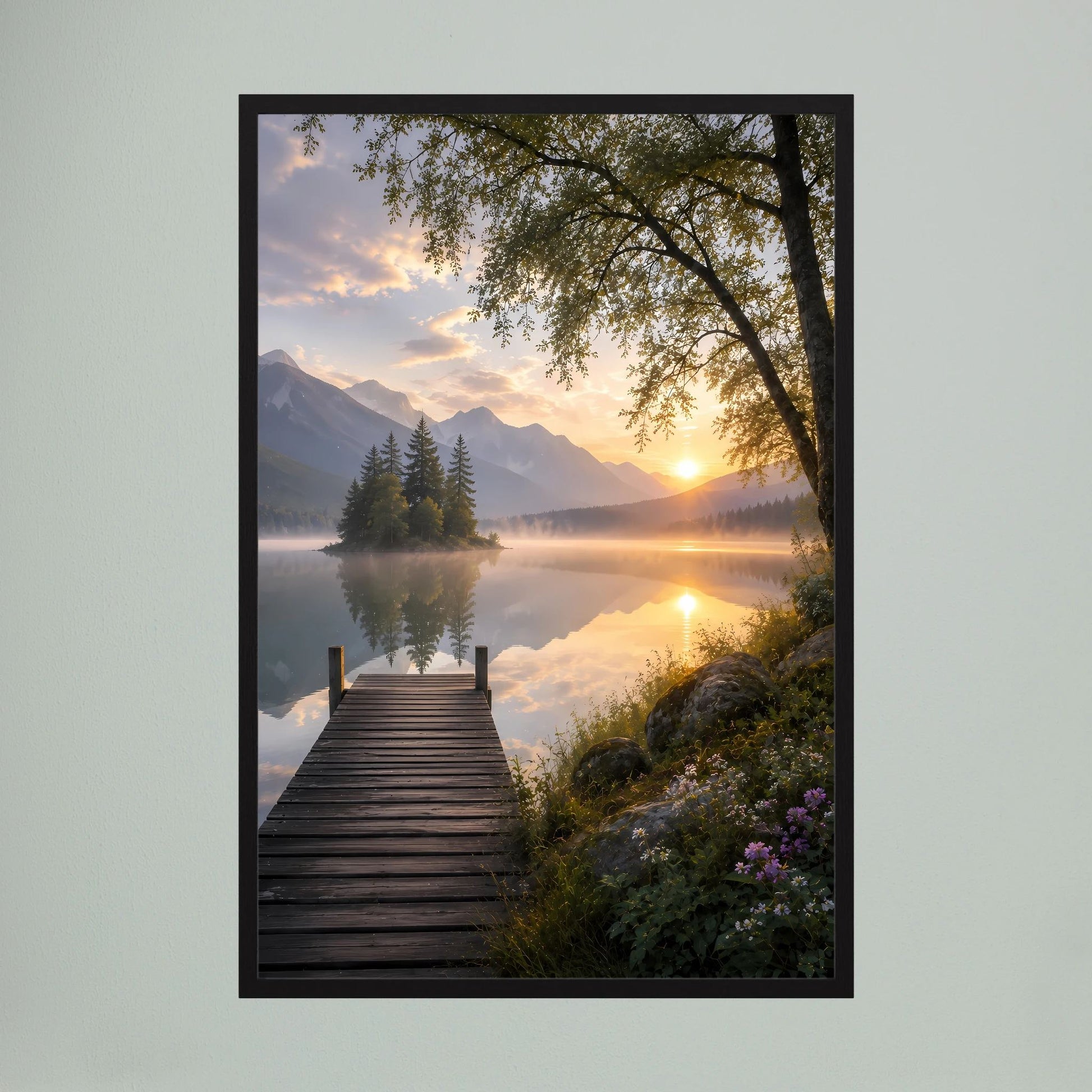 Bergsee mit Holzsteg | Sonnenuntergang in ruhiger Berglandschaft | Poster Hochformat