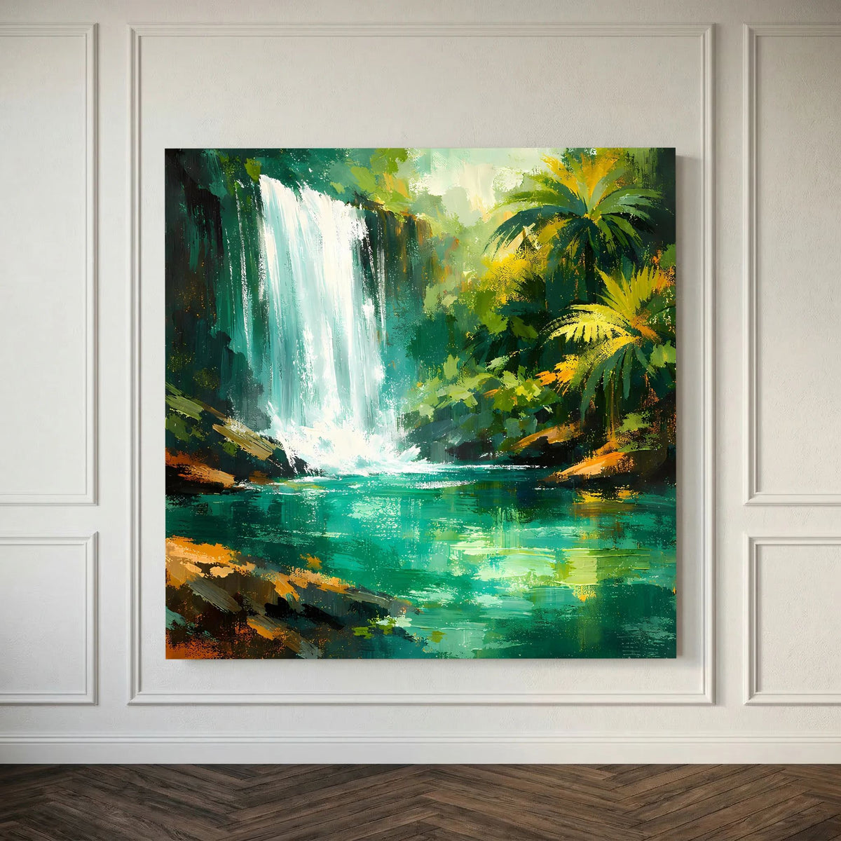 Leinwand-Wandbild mit Wasserfall, Palmen und grün-türkisem Fluss im abstrakten Stil
