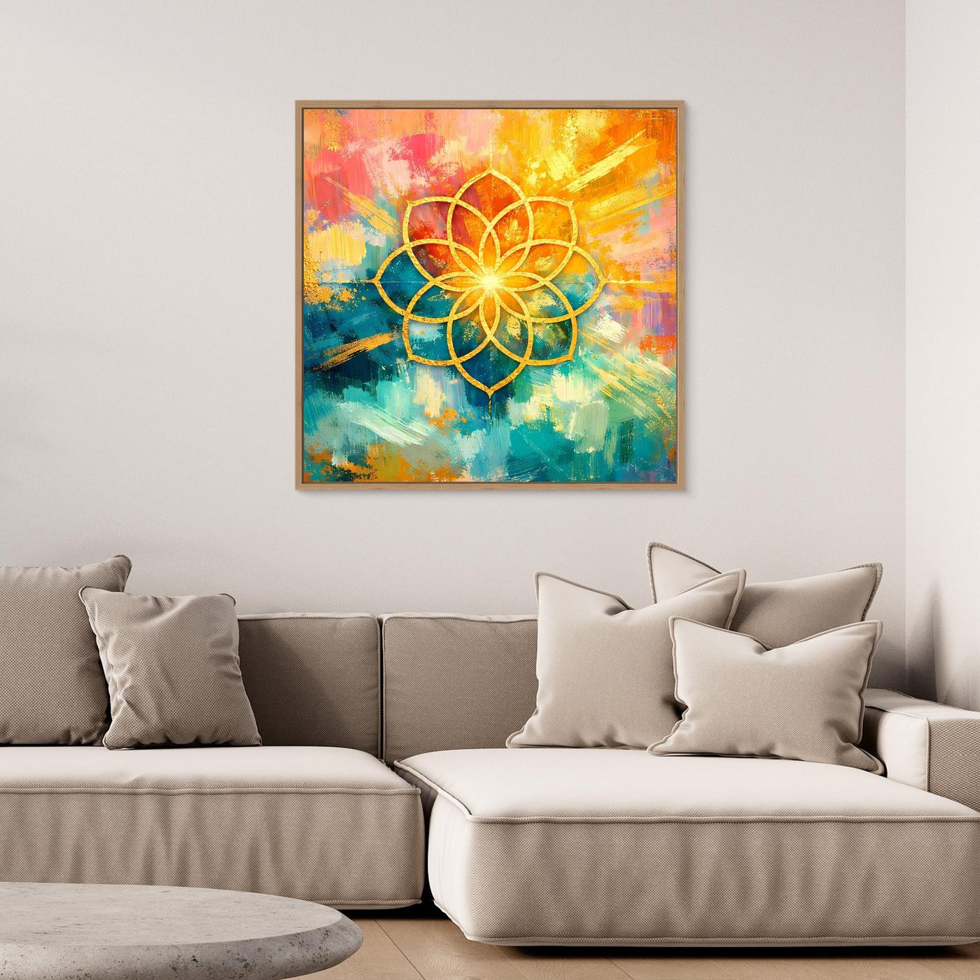 Leinwandbild Blume des Lebens mit Mandala, goldene Linien in bunten Farben, Holzrahmen.