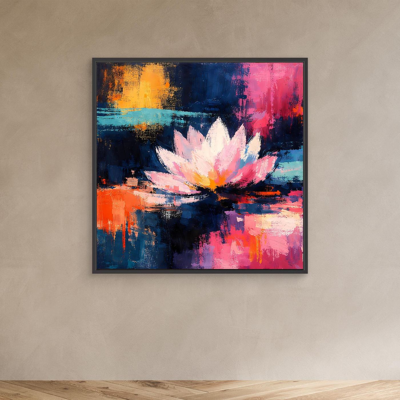 Abstraktes Lotus-Leinwandbild mit weißer Blüte, im schwarzen Rahmen, Farben in Blau, Rosa, Gelb.