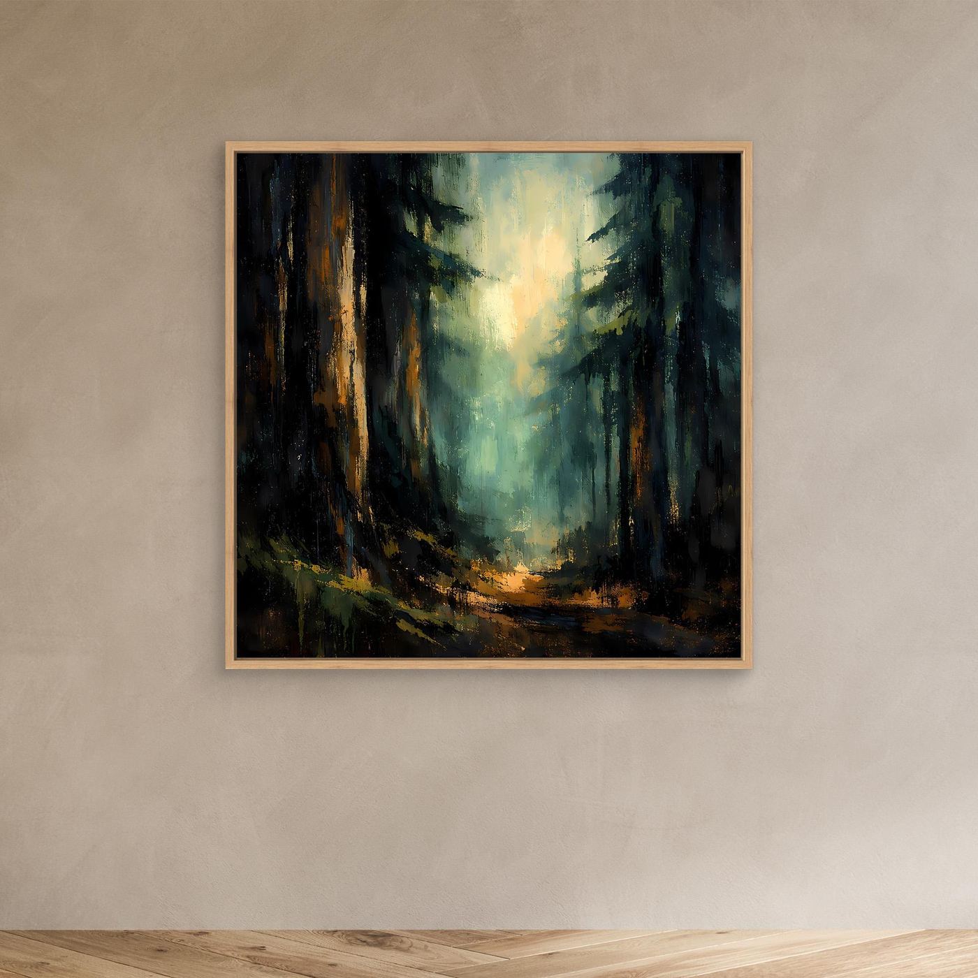 Abstraktes Leinwand-Wandbild: Wald in Grüntönen mit Licht, goldbrauner Eichenrahmen
