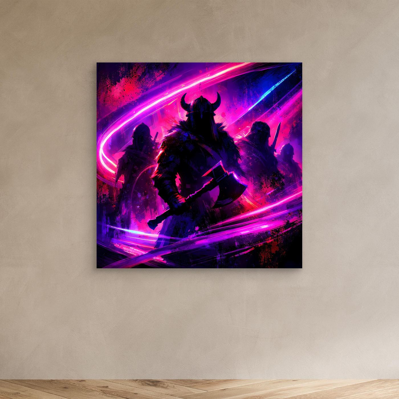 Neon-Wandbild mit Wikingerkriegern in Pink/Lila/Blau, abstrakte Silhouetten, ohne Rahmen