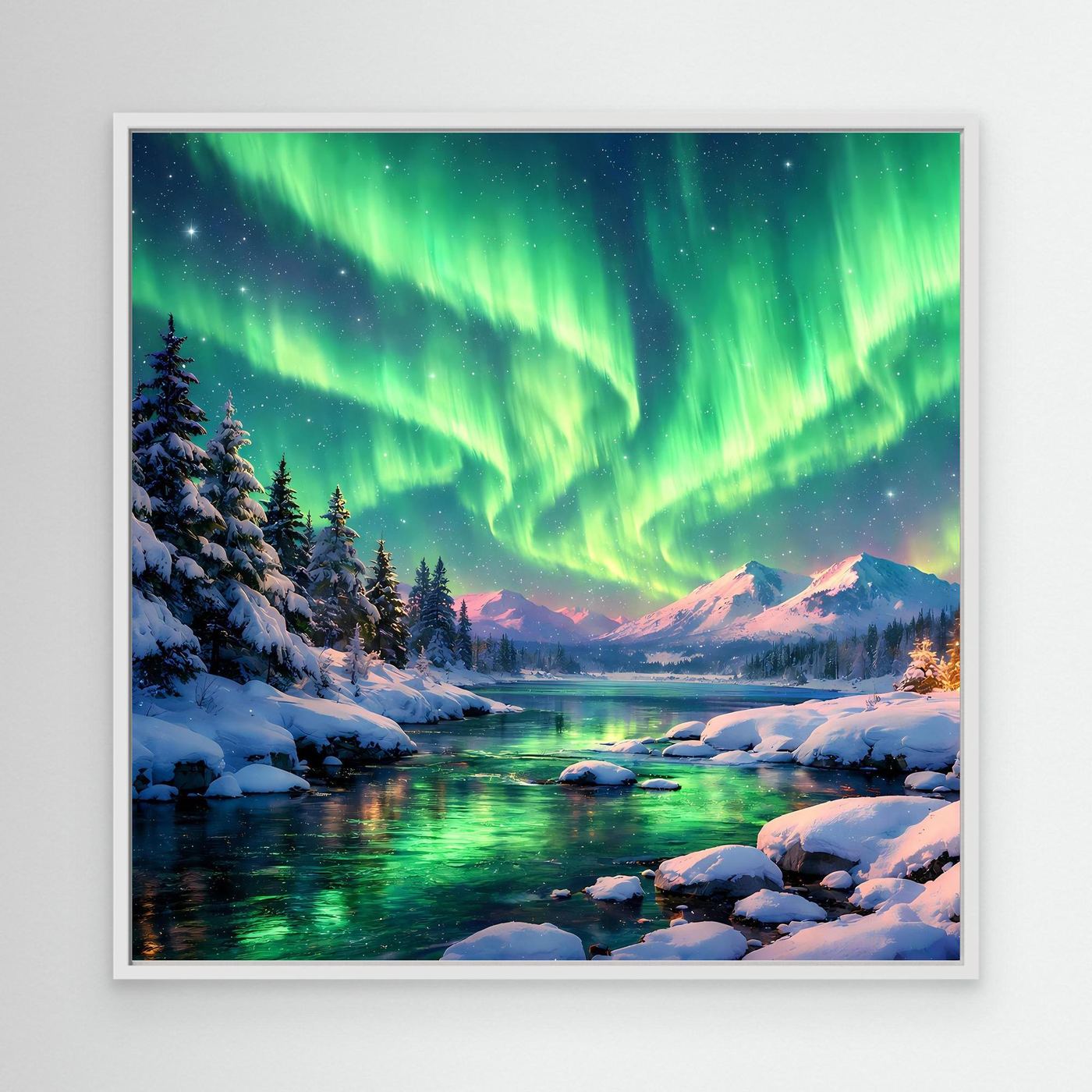 Leinwandbild Magische Polarlichter | Winterliche Polarlicht-Nacht Wandbild auf echtem Holzkeilrahmen