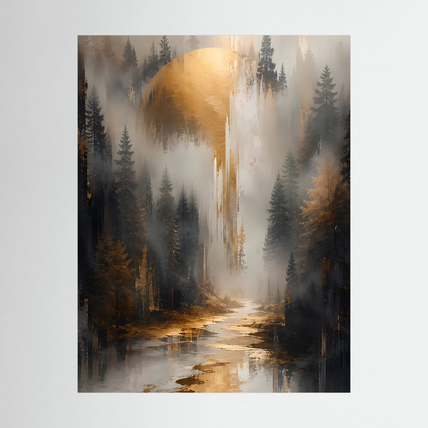 Poster im Hochformat: neblige Waldlandschaft mit Fluss, Gold- und Lichteffekten.