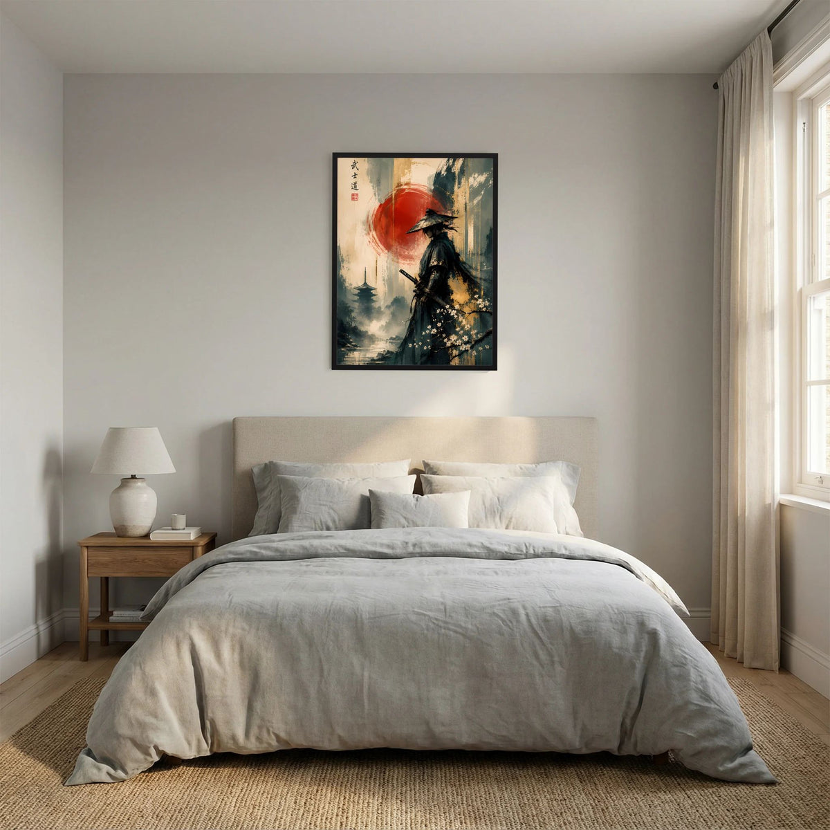 Gerahmtes Poster mit Samurai-Silhouette, roter Sonne, Kirschblüten-Zweigen und Nebel