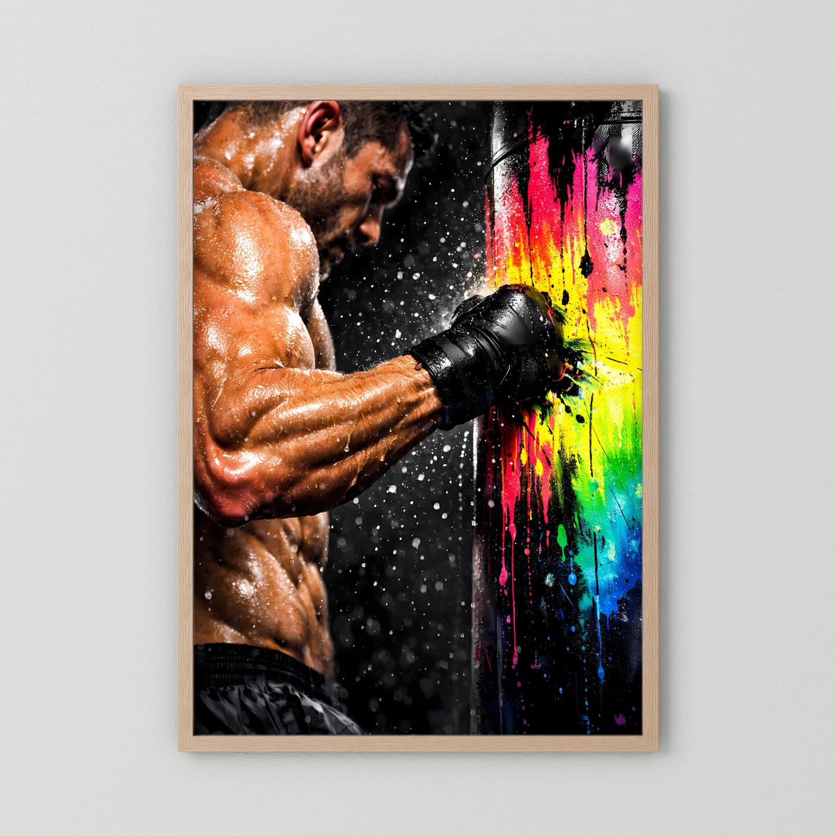 Hochformat-Poster: Boxer mit Boxhandschuhen, naturfarbener Holzrahmen und Farbspritzer