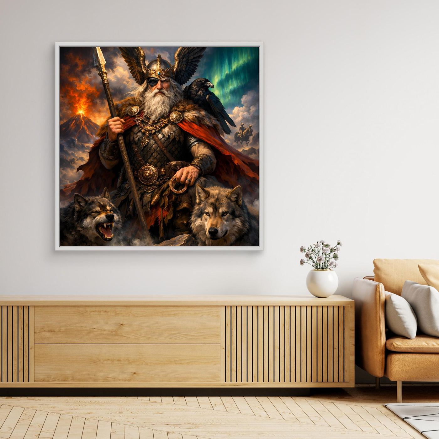 Leinwand Göttervater Odin mit Wölfen und Rabe | Mythologisches Wikinger Wandbild