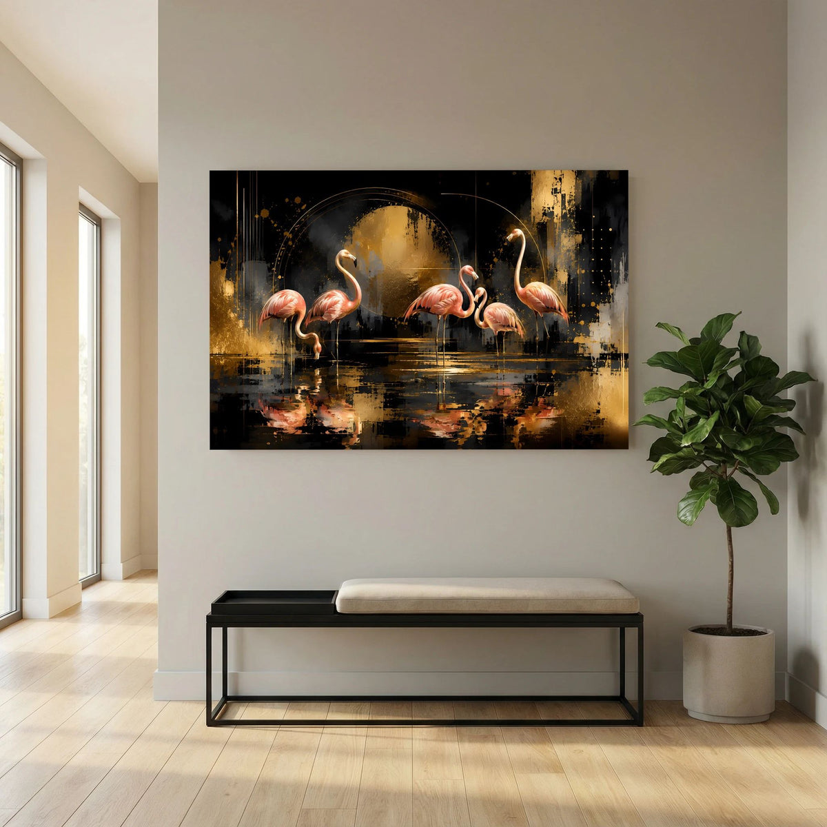 Poster mit abstrakten Flamingos in Rosa, Schwarz und Gold an der Wand