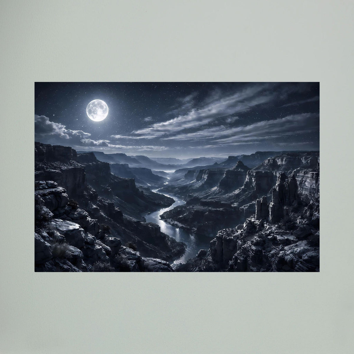 Wandposter im Querformat: Vollmond über tiefem Canyon und Fluss im Dunkeln