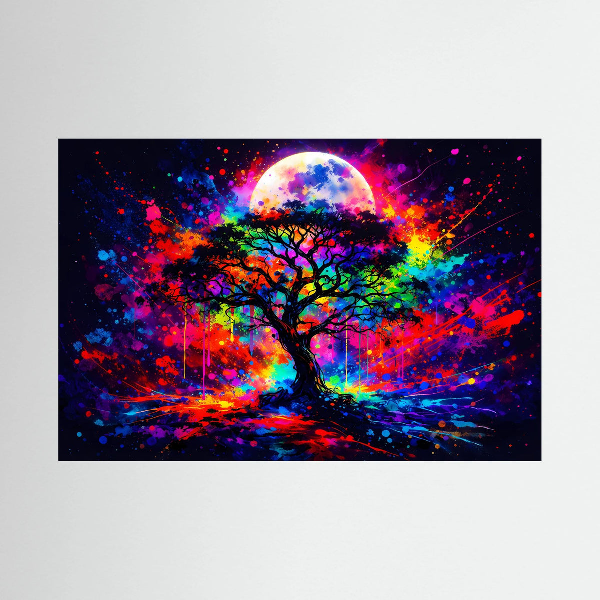 Wandbild im Neon-Stil mit Baumkrone und Vollmond, farbige Farbspritzer, querformat