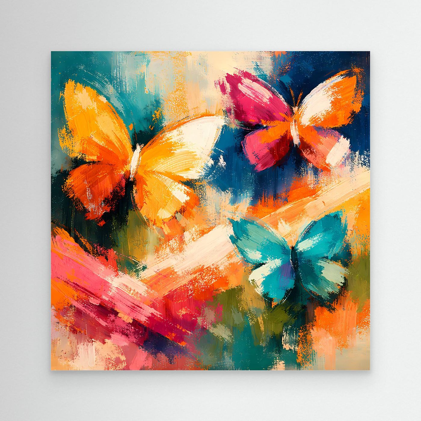 Wandbild mit vier farbigen Schmetterlingen in abstrakten Pinselstrichen, ohne sichtbaren Rahmen.