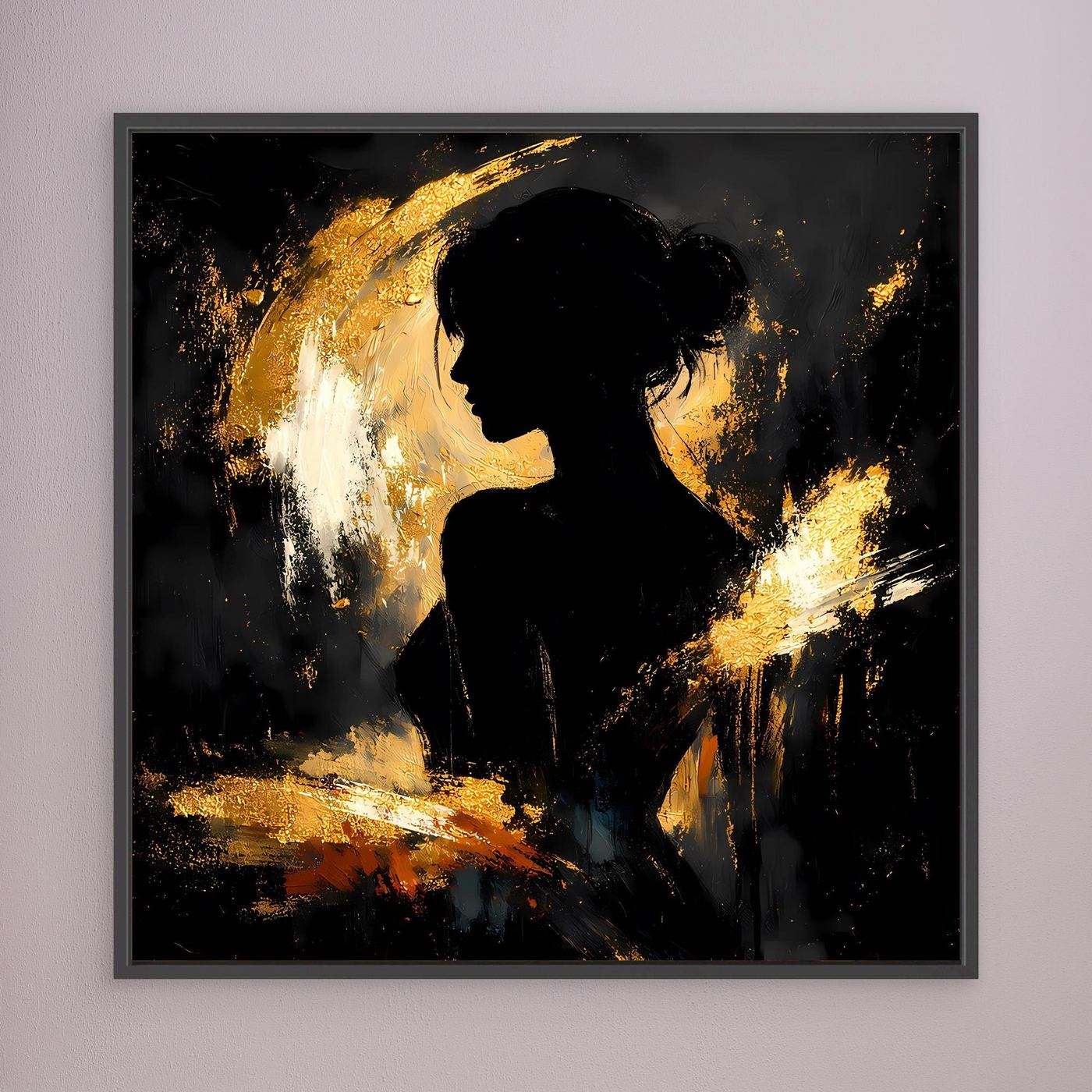 Leinwand Elegante Silhouette in Gold und Schwarz | Modernes Abstraktes Frauen Portrait Wandbild