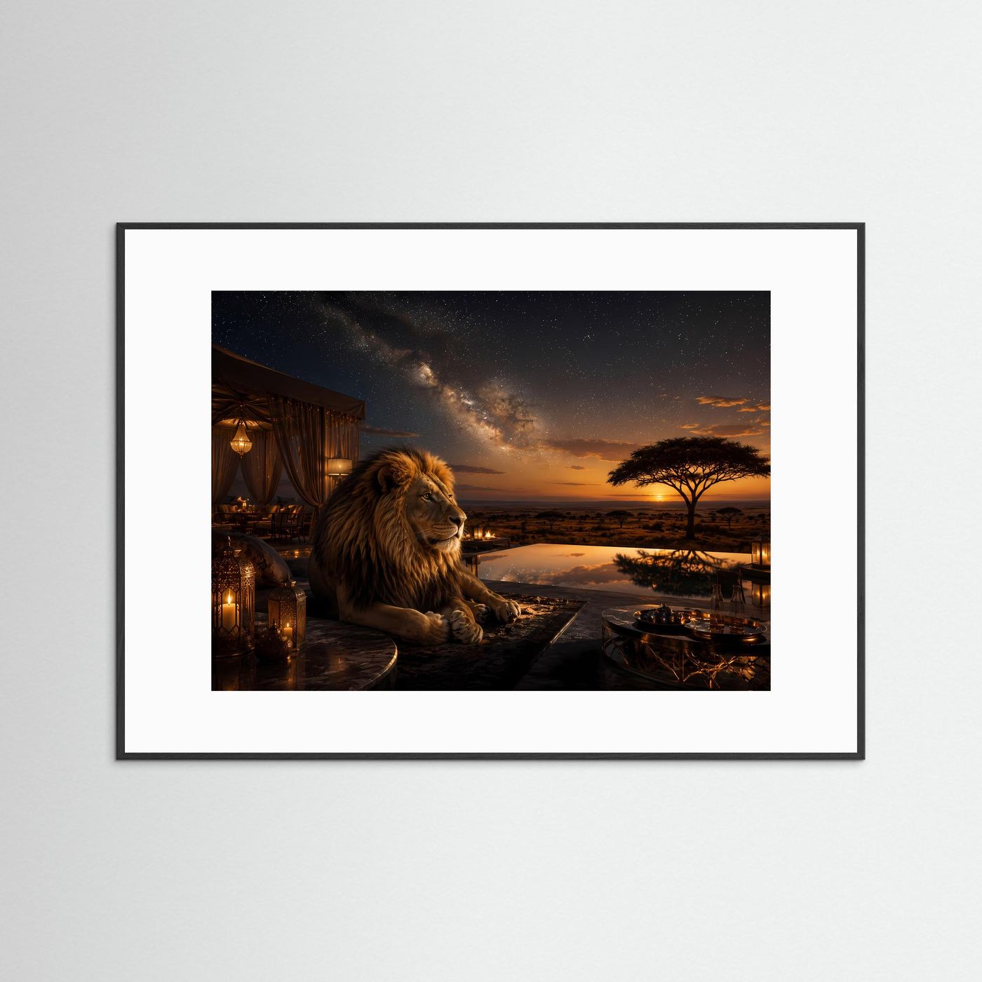 Majestätischer Löwe unter Sternenhimmel | Luxus Safari & Afrika Poster Querformat