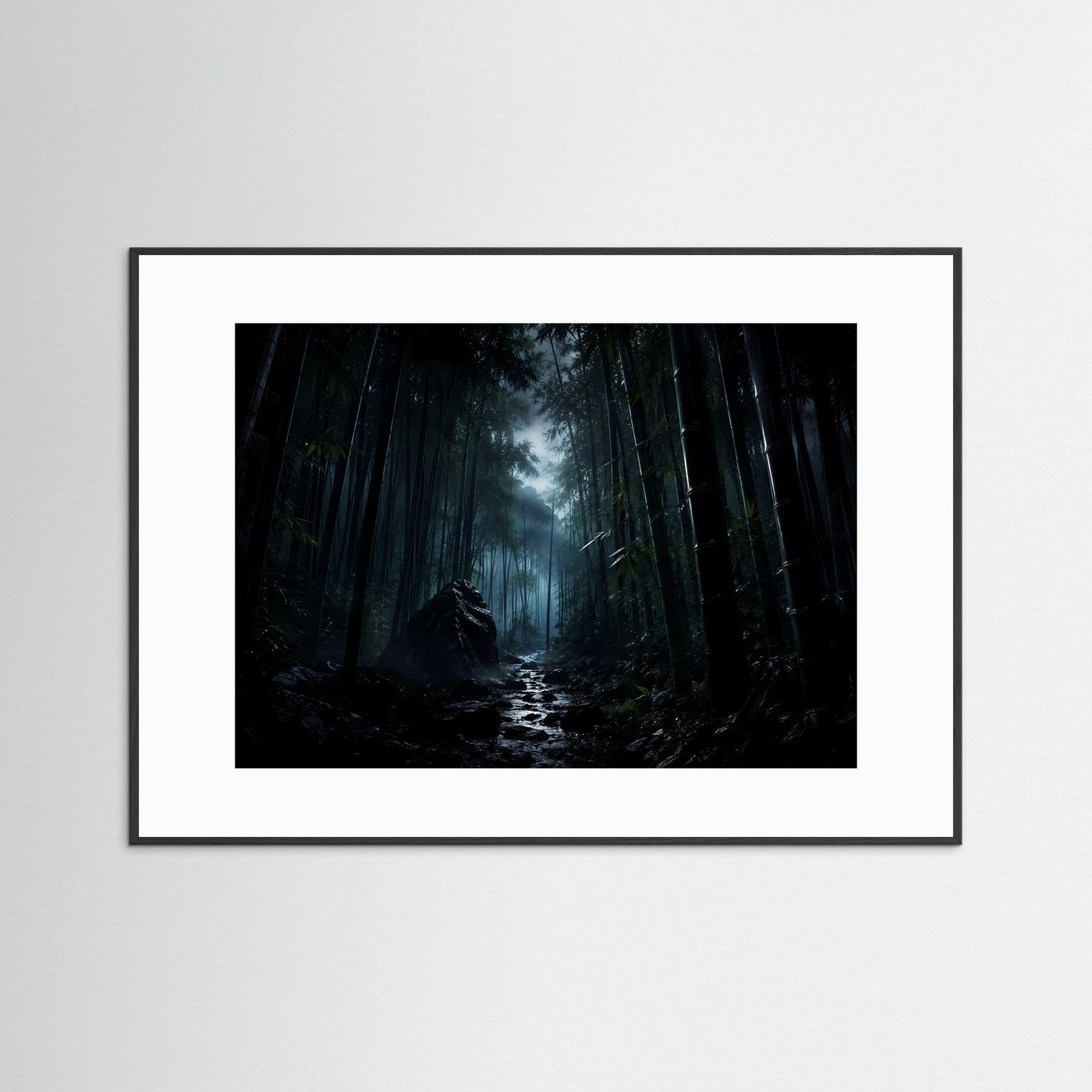 Mystischer Bambuswald bei Nacht Poster | Japanischer Zen Wald Nebel Landschaft Wandbild Querformat