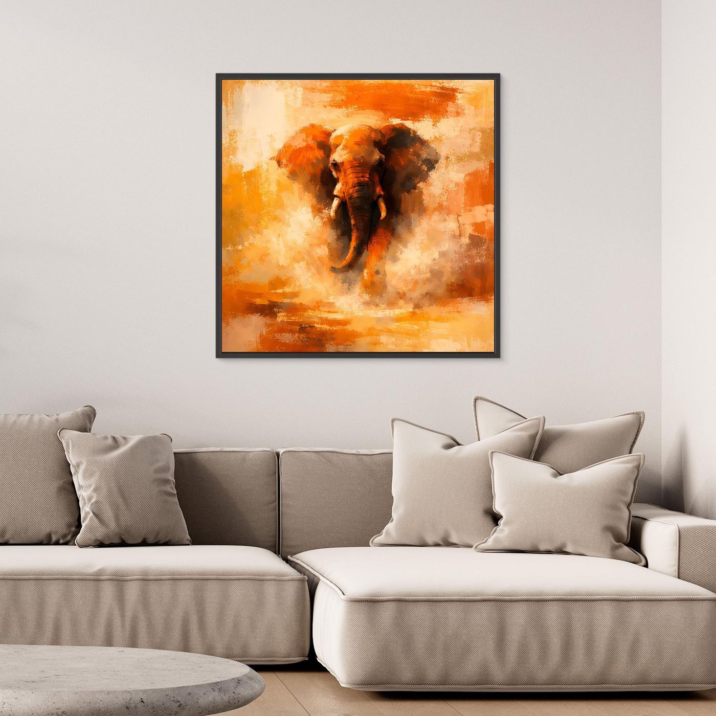 Leinwand Abstraktes Elefanten Gemälde | Modernes Kraftvolles Tier Wandbild Orange Ocker