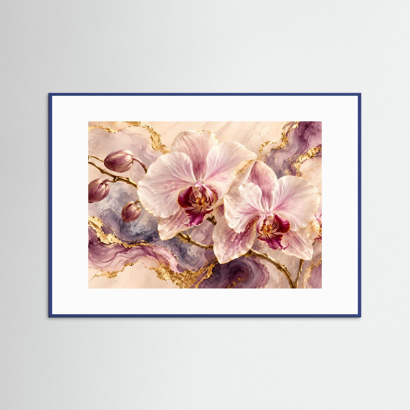 Querformat-Poster mit zarten Orchideen und Goldmarmor, blauer Rahmen