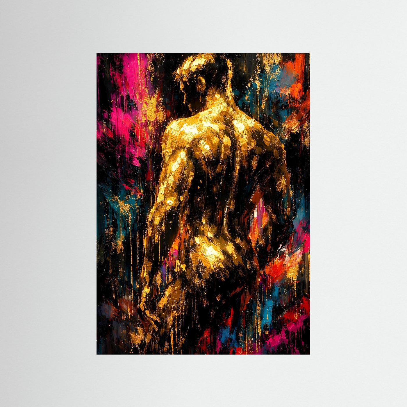 Abstraktes Poster mit Männer-Rückenansicht: goldener Akt in bunten Farbspritzern, Hochformat.