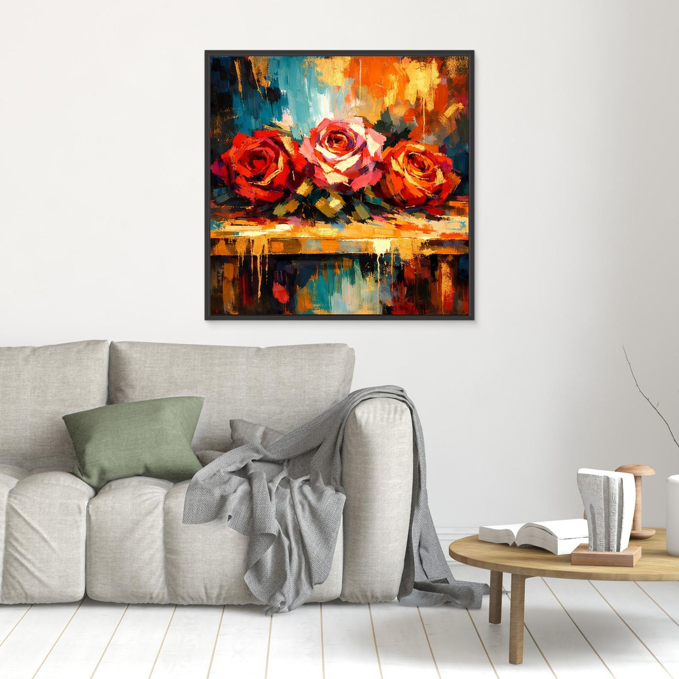 Kleines Leinwandbild mit abstrakten Rosen in Rot-Orange, schwarz gerahmt.