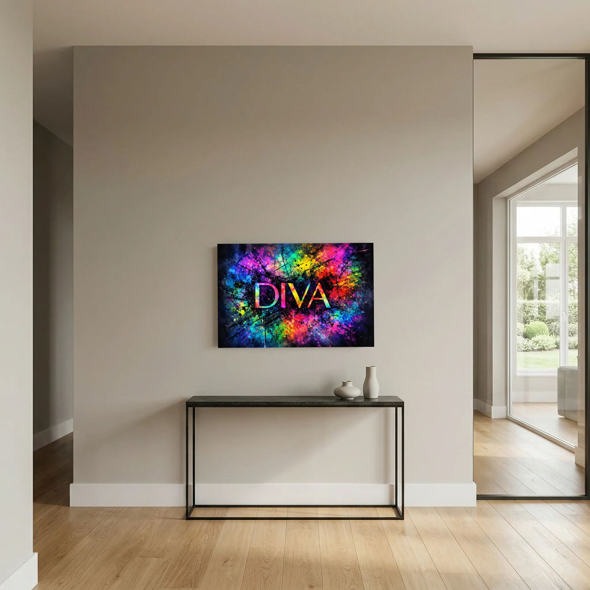 Abstraktes Wandbild mit schwarzem Rahmen und buntem DIVA-Schriftzug an der Wand.