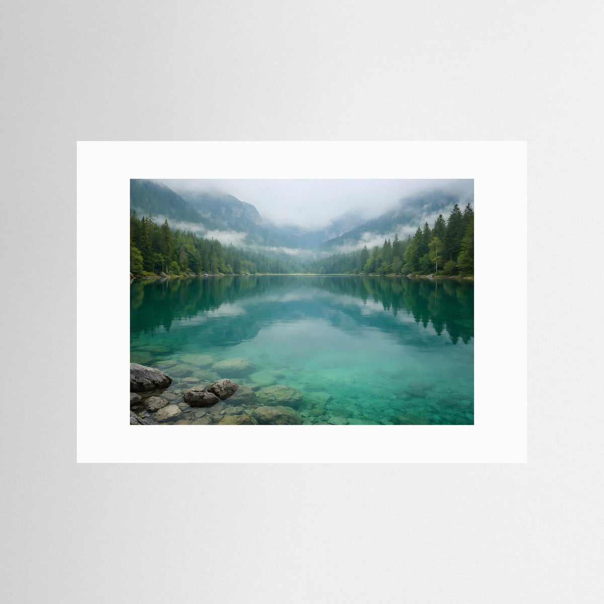 Bergsee im Nebel mit türkisfarbenem Wasser und Spiegelung, Fotodruck mit weißem Passepartout.
