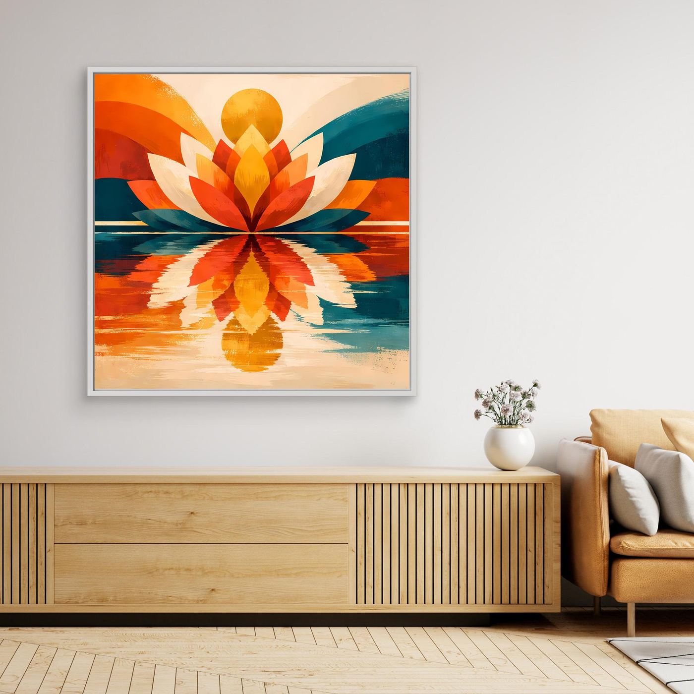 Leinwandbild mit symmetrischer Lotusblüte in Orange und Blau, weißer Rahmen