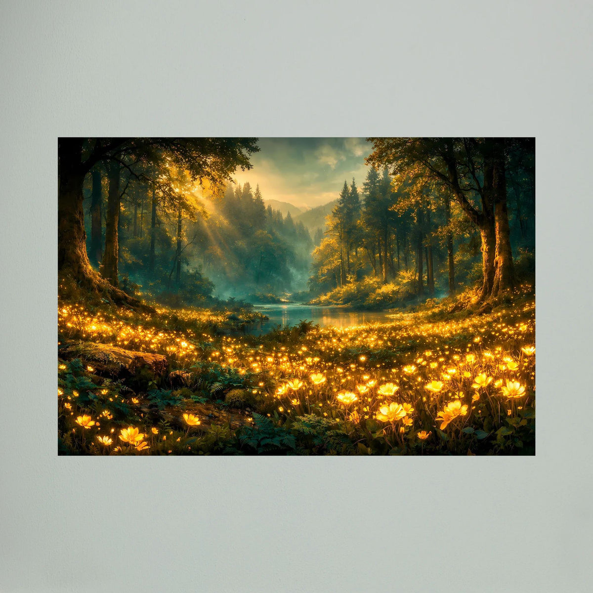 Wandbild im Querformat: goldenes Waldtal im Morgenlicht, Fluss und warme Lichter