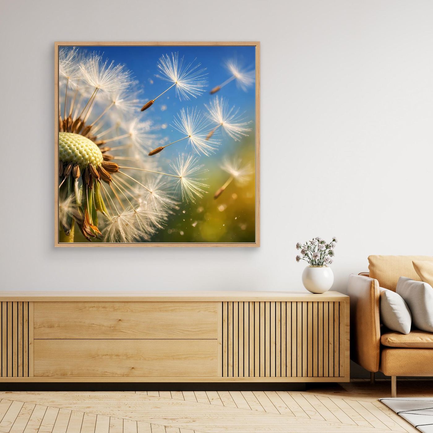 Leinwandbild mit Löwenzahn-Pusteblumen im Makro, gelb-grün, blauer Hintergrund, mit hellem Holzrahmen