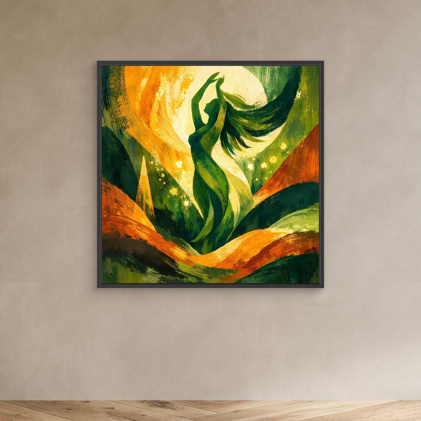 Leinwand-Wandbild Natur-Göttin mit dunklem Rahmen, grüne Gestalt und orangefarbene Wellen