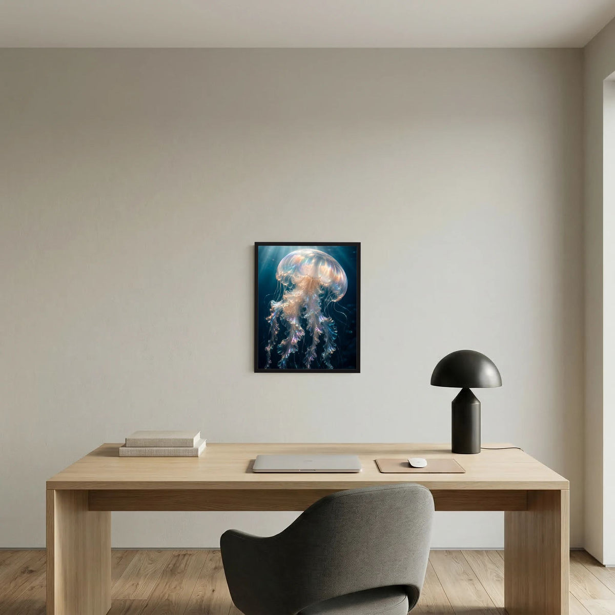 Gerahmtes Hochformat-Kunstposter mit leuchtender Qualle in Blau und Rosé