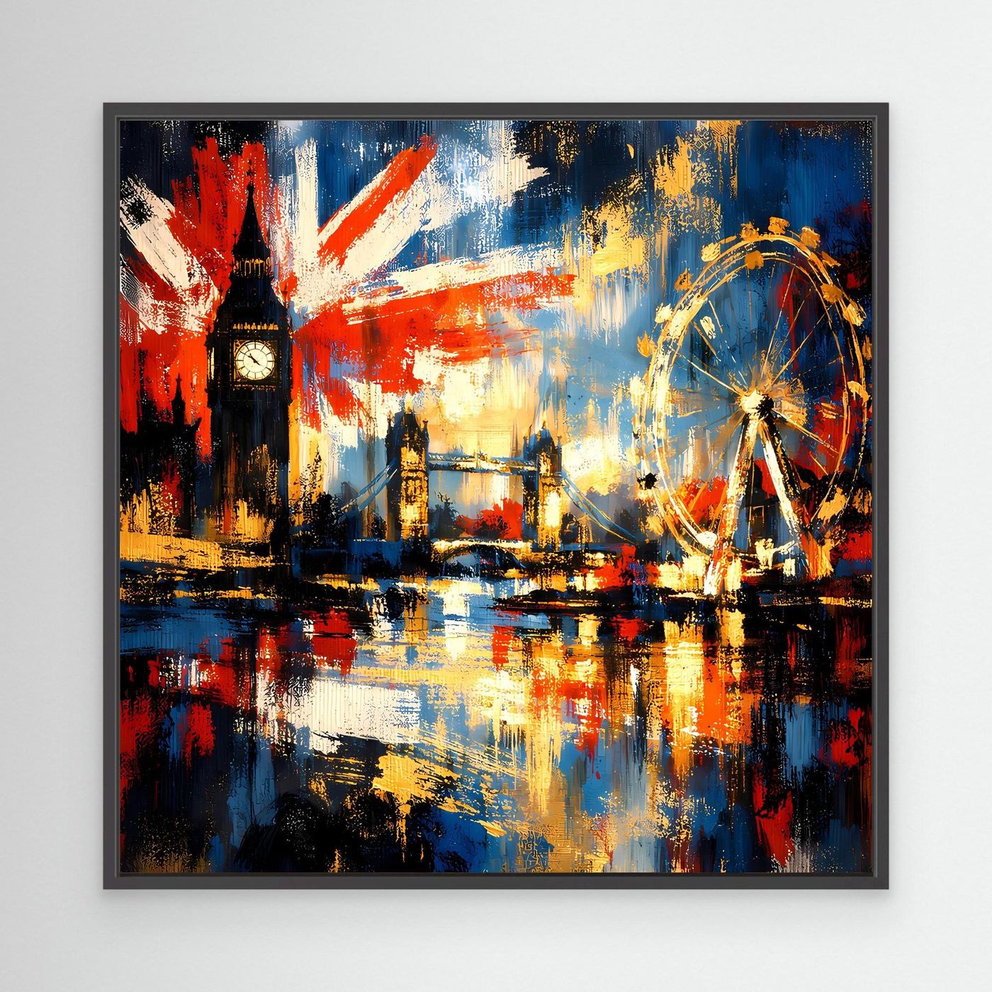 Leinwandbild mit London-Skyline und UK-Flagge, farbige Pinselstruktur, schwarzer Rahmen