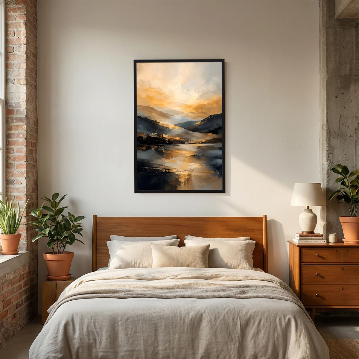 Kunstposter mit schwarzem Rahmen über dem Bett, abstrakte Landschaft in Gold, Dunkelblau und Creme