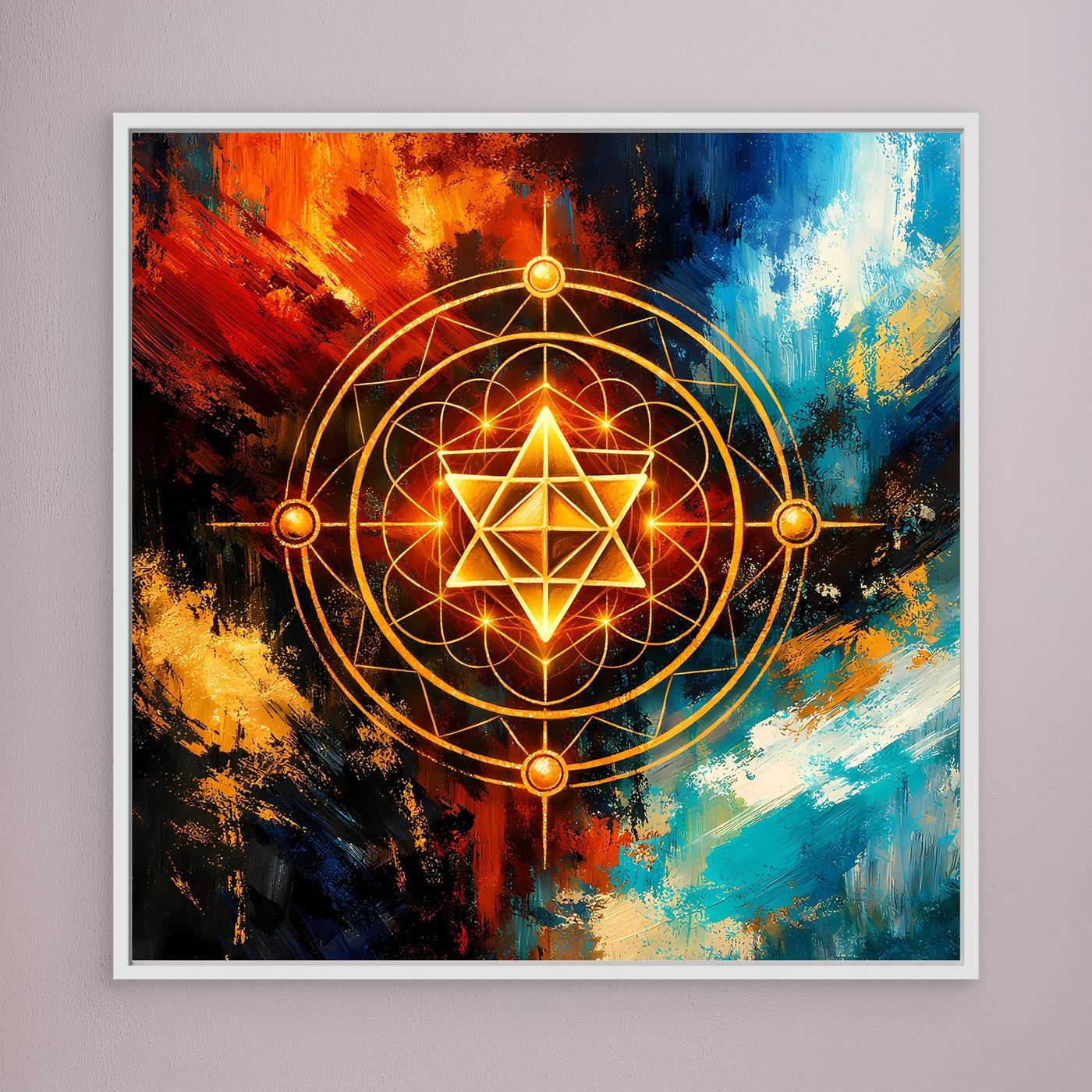 Leinwandbild mit goldener Merkaba-Geometrie im abstrakten Farbverlauf, weißer Rahmen