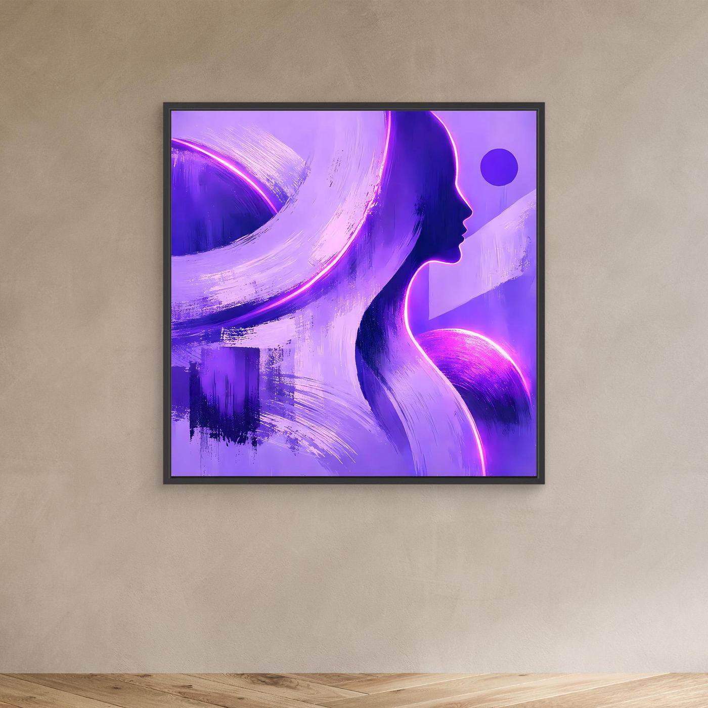 Leinwandbild mit Frauensilhouette, Lila-Neonverlauf, dunkler Rahmen und Pinselstruktur