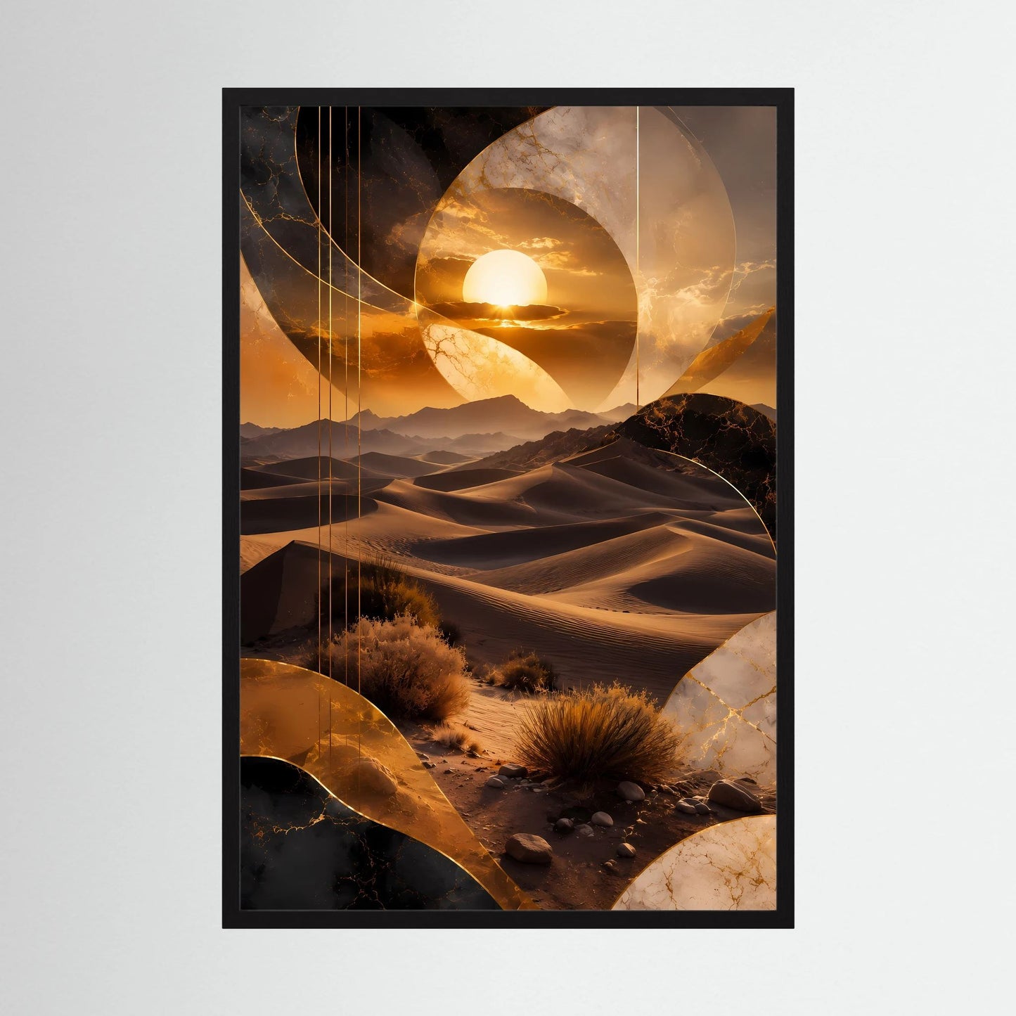 Hochformat-Poster mit goldener abstrakter Wüstenlandschaft und Sonnenball, schwarzer Rahmen